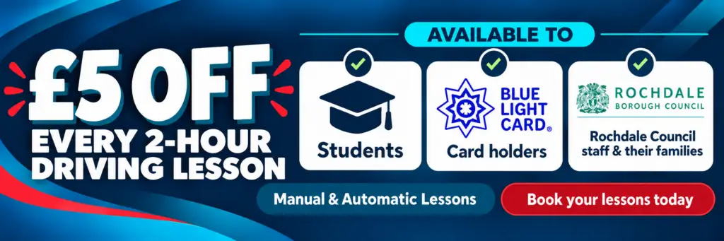 Driving lessons Manchester - Drive 4 Pass - Extra wide 5 off driving lessons banner